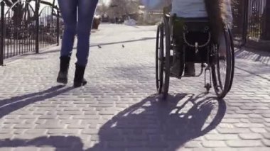 Aile eğlencesi. Tekerlekli sandalyedeki genç engelli kadın, annesi yle birlikte deniz kenarında yürürken, konuşup eğleniyor