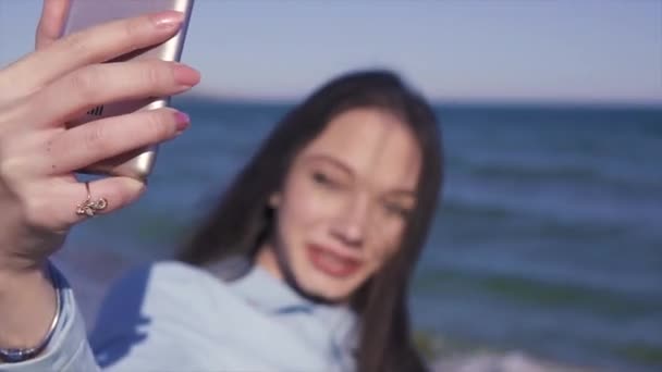 Eine junge behinderte Frau im Rollstuhl vergnügt sich am Sandstrand in der Nähe des Meeres. Fotografieren mit dem Handy und Selfie machen — Stockvideo