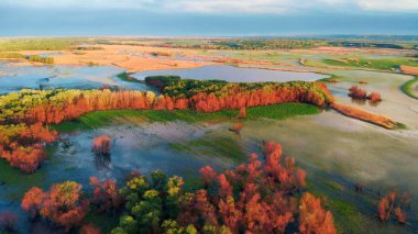 Sunset River havadan peyzaj sinematik drone görüntüleri. Çevresinde ormanlar ve tarlalar ile Ukrayna veya Moldova 'da Dniestr Nehri üzerinde uçan