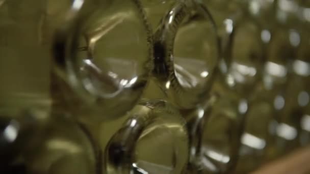 Botellas de vino en la pila en la bodega. Seethrough Botellas de vidrio de vino blanco almacenadas en estanterías de madera en una bodega de piedra. Bodega interior subterránea en bodega — Vídeos de Stock