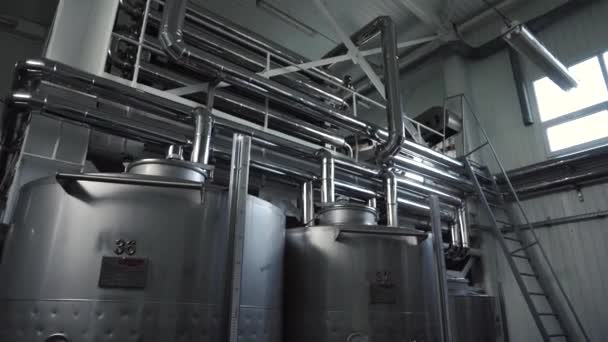 Cantina con enormi botti verticali in acciaio dove vengono fermentate le uve — Video Stock