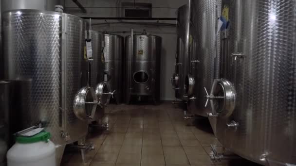 Weinfabrikhalle mit riesigen vertikalen Weinstahlfässern, in denen die Trauben fermentiert werden — Stockvideo