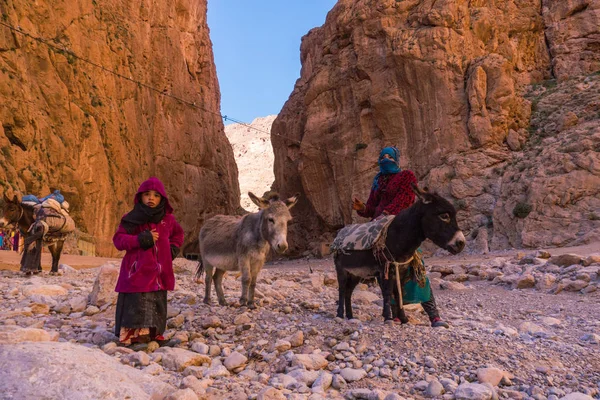 ATLAS MOUNTAINS, MOROCCO - 20 JAN: Pessoas da tribo Nomad que vivem em montanhas perto de Tinghir ou Tinerhir. Mulher com suas filhas estão pastoreando burros no desfiladeiro perto do rio. Todra desfiladeiro — Fotografia de Stock