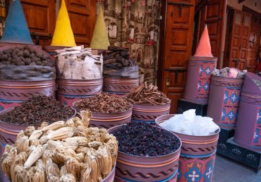 Moroccan Spices for sale in the Marrakech medina at Mellah jewish market clipart