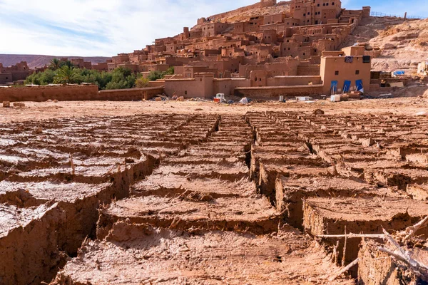 Πλίνθους τούβλων από πηλό, χειροποίητα εκτεθειμένα στον ήλιο να στεγνώσει στο Μαρόκο — Φωτογραφία Αρχείου