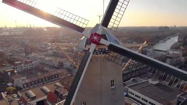 Schöne Windmühlen in Schiedam Provinz Südholland, diese höchsten Windmühlen der Welt, auch als Brennermühlen bekannt, wurden zum Mahlen von Getreide verwendet, das für die berühmte lokale Gin-Industrie verwendet wurde. — Stockvideo