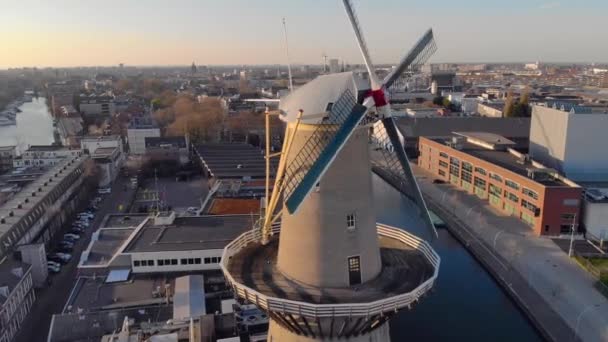 Schöne Windmühlen in Schiedam Provinz Südholland, diese höchsten Windmühlen der Welt, auch als Brennermühlen bekannt, wurden zum Mahlen von Getreide verwendet, das für die berühmte lokale Gin-Industrie verwendet wurde. — Stockvideo