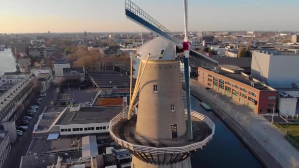 Schöne Windmühlen in Schiedam Provinz Südholland, diese höchsten Windmühlen der Welt, auch als Brennermühlen bekannt, wurden zum Mahlen von Getreide verwendet, das für die berühmte lokale Gin-Industrie verwendet wurde. — Stockvideo