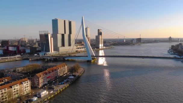 Létání po ostrovní čtvrti Noordereiland s výhledem na most Erasmus a výškové budovy v Rotterdamu. — Stock video