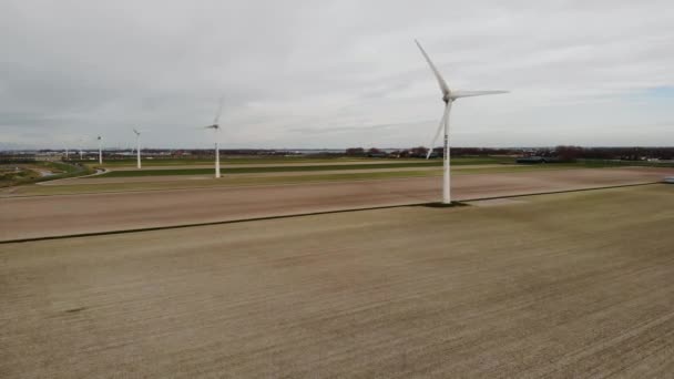 Fila de aerogeneradores en los Países Bajos en el día nublado en los campos de Holanda . — Vídeo de stock