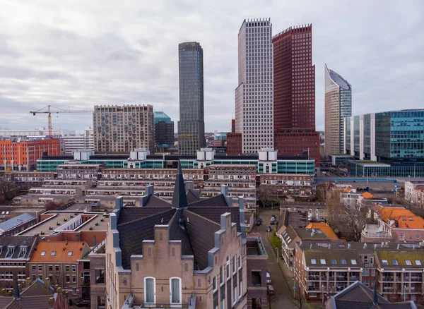 Aerial Drone view of The Hague Downtown Skyscrapers looking towards the North Sea — Stock Photo, Image