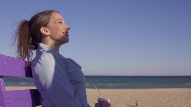 Молодая довольно инвалидная женщина в инвалидной коляске сидит на скамейке рядом с песчаным пляжем и пьет кофе со своей матерью — стоковое видео