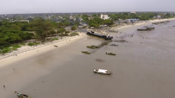 Een antenne Flyby shot van Crowd of African people on a Low Tide op het strand van Bagamoyo, Tanzania — Stockvideo