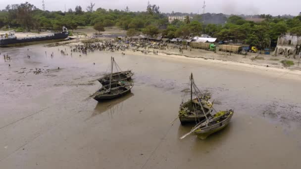 BAGAMOYO, TANZANIA - JAN 2020: An aerial Flyby shot of Crowd of African people on a Low Tide at the Beach of Bagamoyo, Tanzania — Stock Video