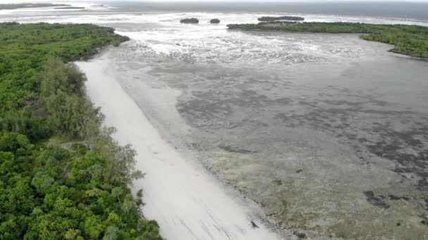 Aerial shot. Flying by the Shallow Shelf sandy caostline in Stormy Weather at Tropical island Pemba at Zanzibar Archipelago. — Stock Video