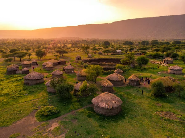 Aerial Drone Shot. Traditional Masai village at Sunset time near Arusha, Tanzania — Stock Photo, Image