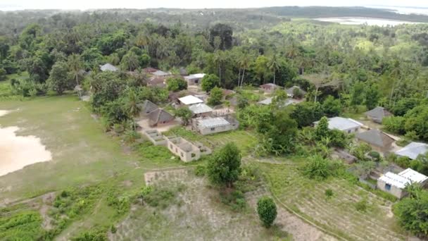 Air Flyby View no campo de futebol africano em pequena aldeia montanhosa remota na Tanzânia, ilha de Pemba, arquipélago de Zanzibar — Vídeo de Stock