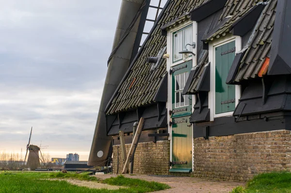 Green Door of Windmill i natursköna Kinderdijk området dammar, fält och väderkvarnar — Stockfoto