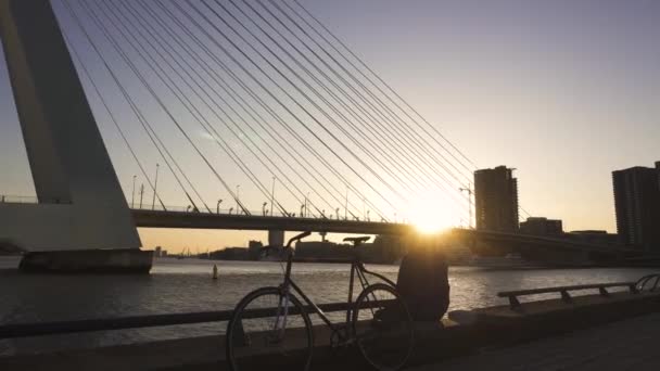 Man with a Bicycle est assis sur l'embarquement près du pont Erasmus et fume de la marijuana au coucher du soleil à Rotterdam, Pays-Bas — Video
