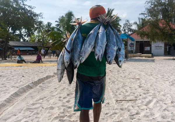 Nungwi, Zanzibar, Tanzanya, Afrika - Ocak 2020: Kara Afrikalı adam Nungwi köyündeki Sokak Balık Pazarı 'nda Ton Balığı taşıyor. Açık artırma teklifi