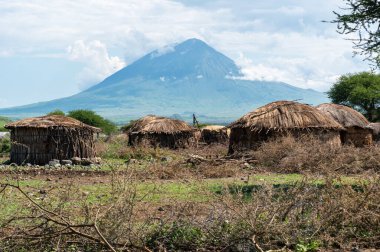 Geleneksel Maasai Köyü, Engare Sero bölgesindeki Clay Yuvarlak Kulübeleri Natron Gölü ve Afrika 'nın Tanzanya kentindeki Ol Doinyo Lengai volkanı yakınlarında.