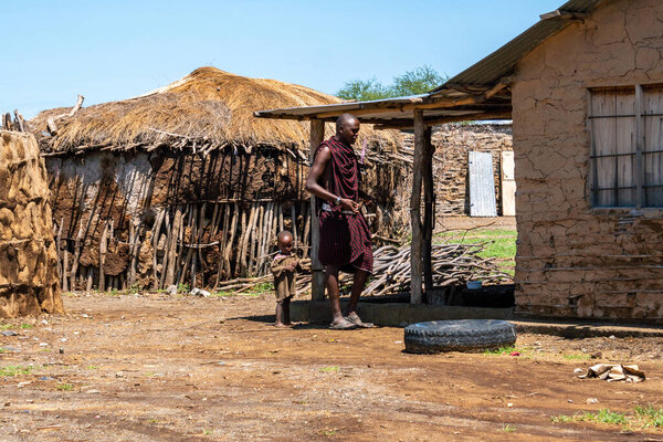 ENGARE SERO. TANZANIA - JANUARY 2020: Indigenous Maasai in Traditional Village. Maasailand is the area in Rift Valley Between Kenya and Tanzania near Lake Natron and Ol Doinyo Lengai volcano in