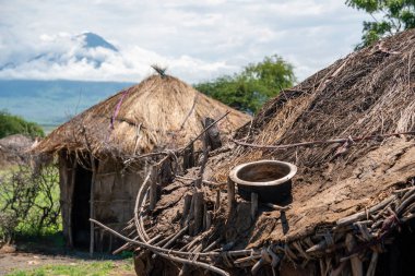 Geleneksel Maasai Köyü, Engare Sero bölgesindeki Clay Yuvarlak Kulübeleri Natron Gölü ve Afrika 'nın Tanzanya kentindeki Ol Doinyo Lengai volkanı yakınlarında.