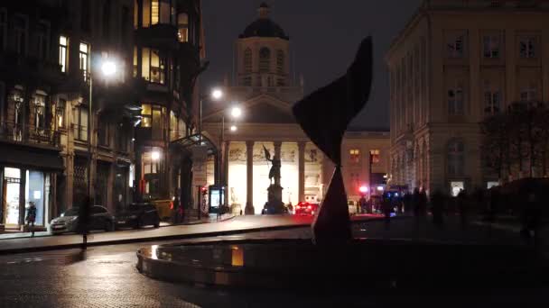 Timelapse View of illuminated Wet Streets and Squares night in Brusseles, Belgium — стокове відео