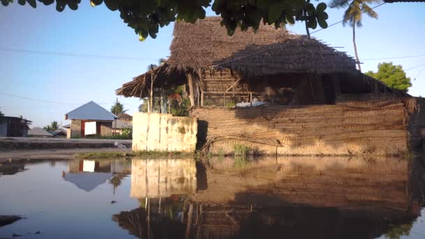 PAJE, ZANZIBAR, TANZANIA - DIC 2019: Thatch Roofed Hut Reflection in the Big Paddle in Front after Rain. La gente está caminando por la carretera en African Village. — Vídeos de Stock