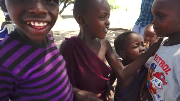 TANZANIA, ARUSHA - ENE 2020: Masai niños en la sabana africana en la aldea remota en la costa de Big Salty Natron Lake — Vídeos de Stock