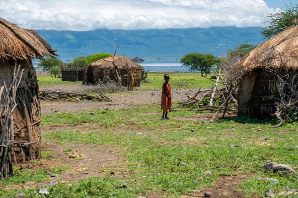 我是塞罗。TANZANIA - JANUARY 2020: Indigenous Maasai Boy near the Clay Hut in Traditional Village.Maasailand是肯尼亚和坦桑尼亚之间的裂谷地区，靠近Natron湖和Ol Doinyo湖 — 图库照片