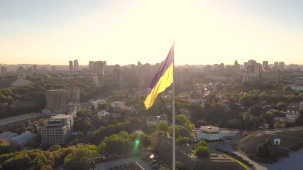 Aerial Drone Flyby Shot in Kyiv - Biggest National flag of Ukraine. Aerial view. Spivoche Pole, Kiev — Stock Video