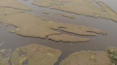 Nehirde Reed adaları ve Dinyeper Nehri 'nin Puslu Sonbahar Sel Ovaları' nın havadan görünüşü