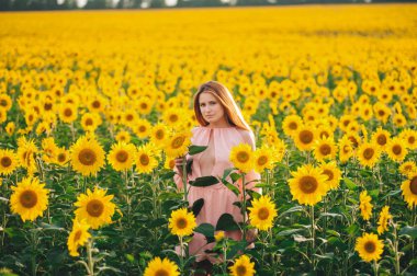 Ayçiçeği büyük bir sarı alanda güzel kız. 