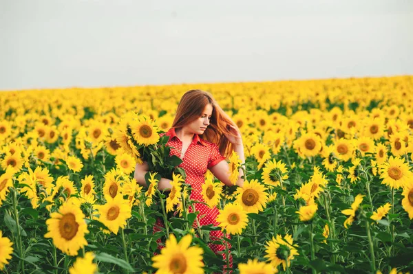 Schöne Mädchen in einem riesigen gelben Feld von Sonnenblumen. — Stockfoto