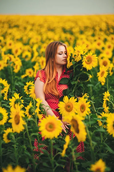 Beautiful girl in a huge yellow field of sunflowers. — Stock Photo, Image