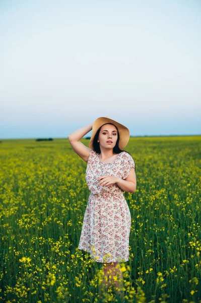 Hermosa joven al atardecer en el campo — Foto de Stock