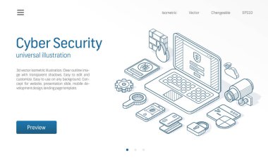 Siber güvenlik modern izometrik hat illüstrasyon. Internet güvenlik kroki çizilmiş simgesi. Soyut 3d vektör arka plan. Online veri servisi, erişim denetimi web kilit kavramı korumak. Açılış sayfası şablonu