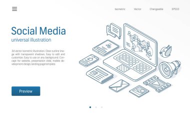 Sosyal medya ağı modern izometrik hat illüstrasyon. News feed, mesaj içeriği, iş iletişim kroki çizilmiş simgeler. Soyut 3d vektör arka plan. İnsanlar kavramı bağlayın. Açılış sayfası şablonu