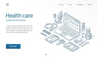 Sağlık modern izometrik hat illüstrasyon. Tıbbi iş kroki çizim simgesini tıklatın. Soyut 3d vektör arka plan. Kliniği web Yardım Servisi, online doktora danışın kavramı. Tıp açılış sayfası şablonu