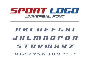 Spor logosu evrensel italik yazı. Hızlı ve güçlü fütüristik, atletik, dinamik alfabe. Teknoloji tipografi tarzı. Harf, rakam yüksek hızlı araba tasarım yarış için. Modern vektör abc yazı