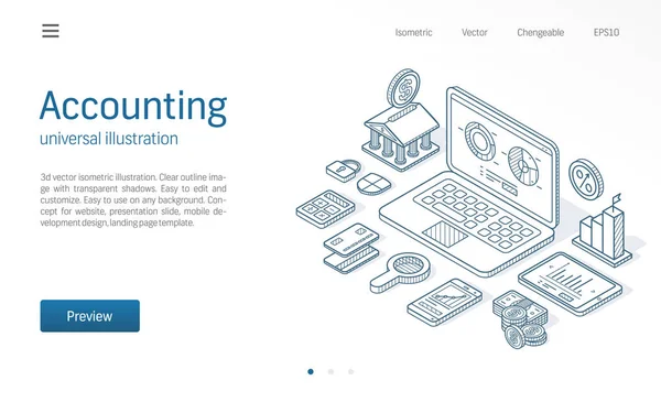 Financiën Moderne Isometrische Lijn Illustratie Digitaal Verslag Business Schets Getekende — Stockvector