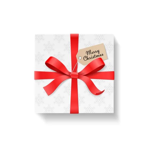 Quadratische Geschenkbox Roter Schleifenknoten Und Band Mit Kraftanhänger Schneeflockenmusterpapier Frohe — Stockvektor