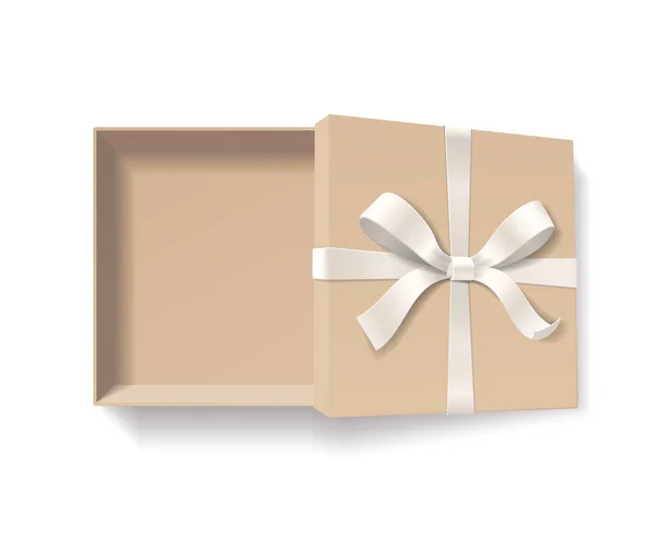 Пустой Открытый Крафт Подарочная Коробка Серебристым Цветом Бант Узел Лента — стоковый вектор