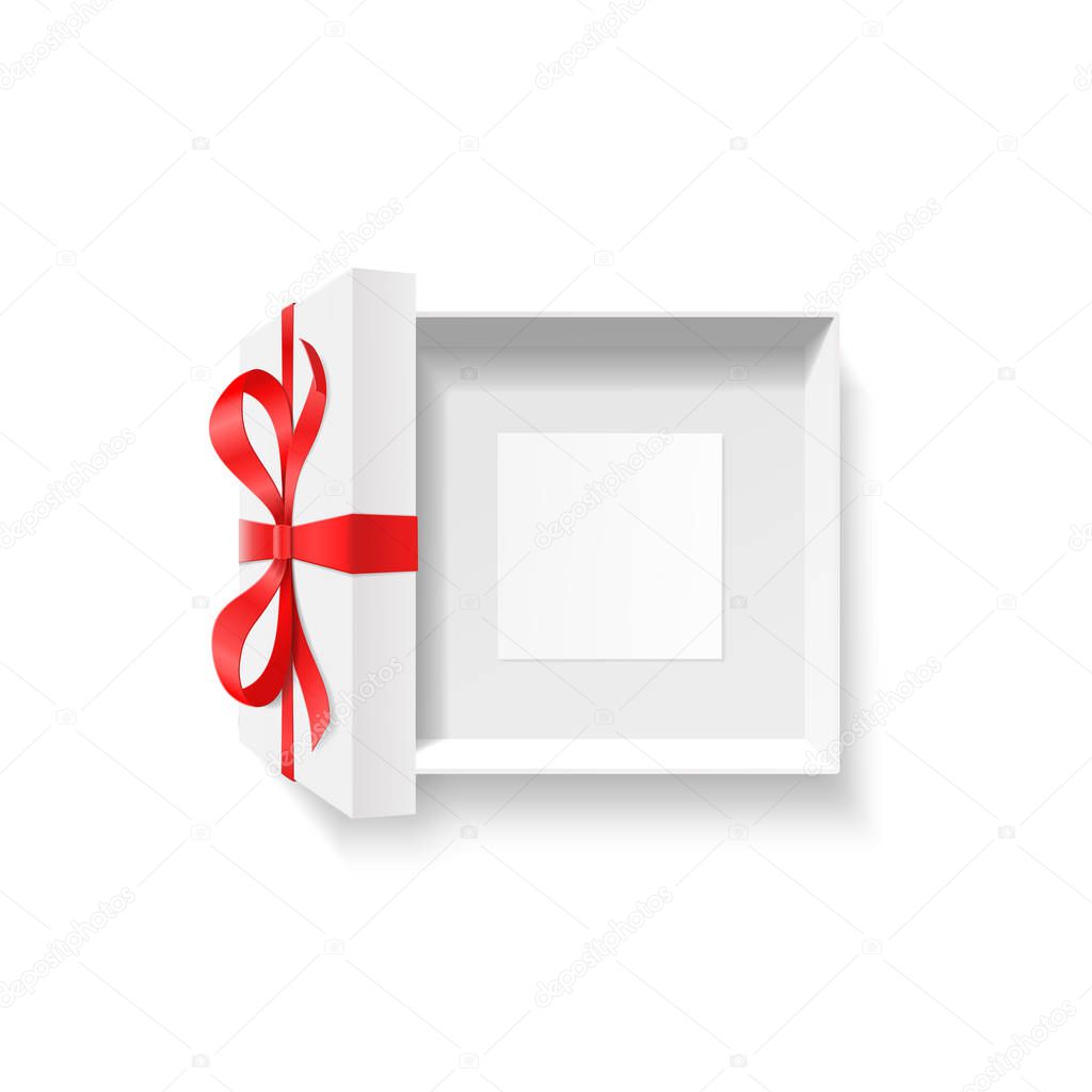 Empty open gift box, red color bow knot, ribbon with blank photo frame, greeting card inside isolated on white background. Happy birthday, Christmas or Valentine Day package concept. Vector top view