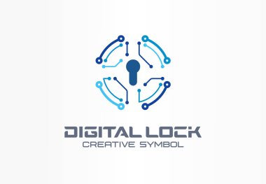 Dijital kilit yaratıcı sembol kavramı. Devre daire güvenli, banka erişim sistemi soyut iş logosu. Finans para koruma, güvenlik ödeme simgesi. Kurumsal kimlik logotürü, şirket grafik tasarımı
