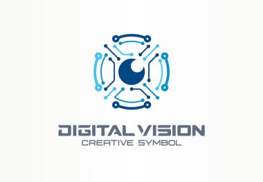 Dijital vizyon yaratıcı sembol kavramı. Devre robot göz, vr sistem soyut iş logosu. Cctv monitörü, güvenlik tonu kontrolü, video kamera simgesi. Kurumsal kimlik logotürü, şirket grafik tasarımı