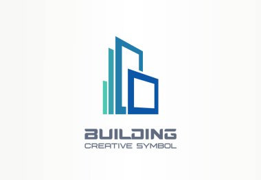 Ofis oluşturma yaratıcı sembol kavramı. Modern gökdelen, 3d mimar, inşaat siluetsoyut iş logosu. Şehir manzarası, apartman simgesi. Kurumsal kimlik logotürü, şirket grafik tasarımı