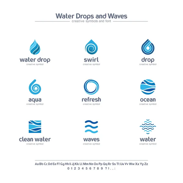 Sauberes Wasser Tropfen Und Wellen Kreative Symbole Gesetzt Schriftkonzept Frische — Stockvektor