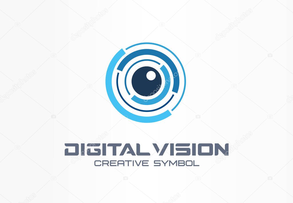 Digital vision creative symbol concept. Eye iris scan, vr system abstract business logo. Cctv monitor, security control, video camera lens icon. Corporate identity logotype, company graphic design